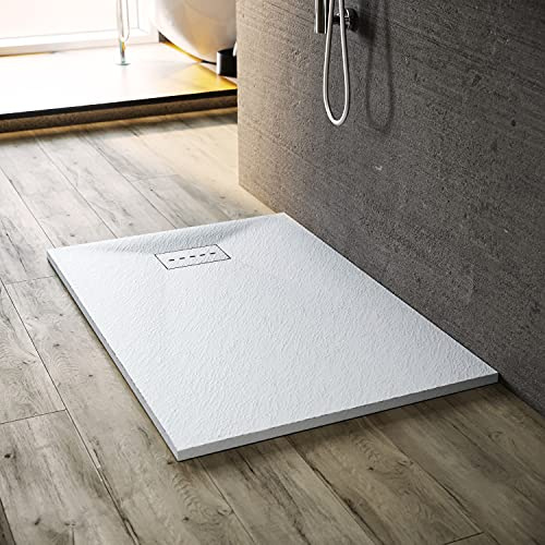 SONNI Duschkar 160 x 90 cm skifferutseende och halkfri struktur vit superplatt duschbricka inklusive sifon