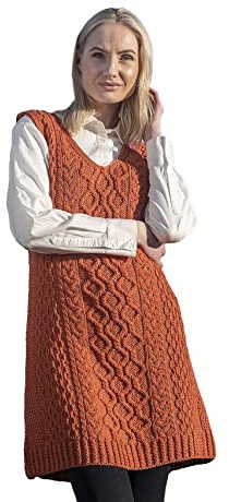 Aran Woollen Mills Ladies Sleeveless Aran Dress 100% Merino Wool Made in Ireland V-Neck (Pumpkin, X-Large)