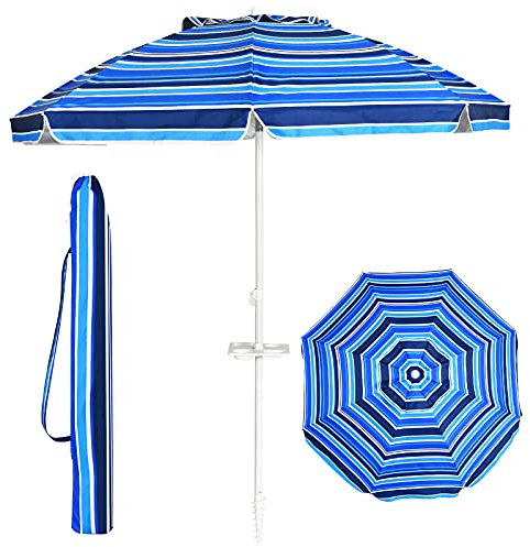 KOMFOTTEU Sombrilla Inclinable de 200 cm, Parasol de Playa con Soporte para Bebidas y Bolsa de Transporte, Paraguas de Balcón Plegable con Protección Solar, Resistente a la Intemperie (Azul oscuro)