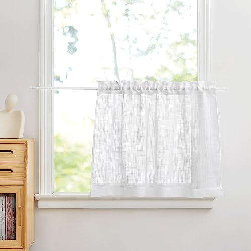 PONY DANCE Visillos Cortos para Ventanas de Cocina 1 Pieza 90x45cm con Efecto Lino, Cortinas Translucidas con Bolsillos de Barra para Comedor, Blanco