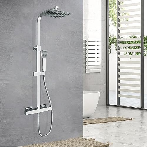 HAPAOSO Colonne de douche thermostatique, douche pluie réglable en hauteur, colonne de douche haute pression, ensemble de douche carré avec mitigeur chrome