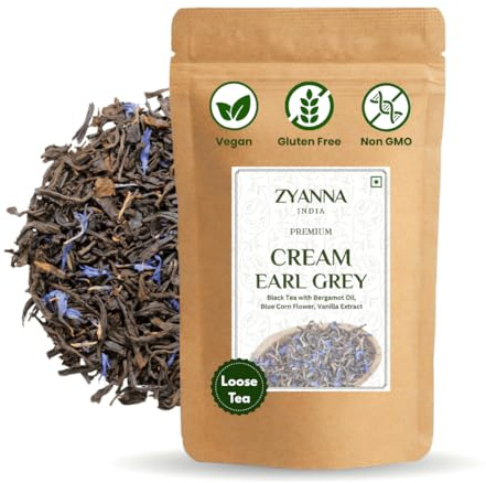 Zyanna Cream Earl Grey Tea - Premium Black Tea with Bergamot Oil & Vanilla Extract (100g-50 Cups)- Aromatic Loose Leaf Tea, Natural Ingredients