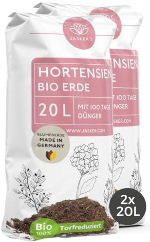 JASKER'S Bio Hortensienerde 40 L (2x20L) - Blumenerde für Hortensien aus 40% weniger Torf - Pflanzerde für weiße & rosafarbige Hortensien - Erde für Hortensien mit Dünger - Erde für Pflanzen
