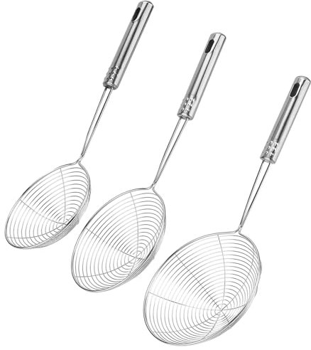 CHUIFAI 3 cucchiai per ragnatela in acciaio inox, 12 cm, 13 cm, 15 cm, filtro per ragni in acciaio inox, con manico, scolapasta per cucinare, pentole calde, arrosti, colino per pasta