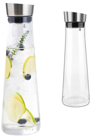 Esmula Pack de 2 jarras de agua de 1 litro con tapa, jarra de cristaltapa de acero inoxidable, jarra de cristal para zumos, té helado, agua fría y caliente - jarra de cristal para bebidas caseras