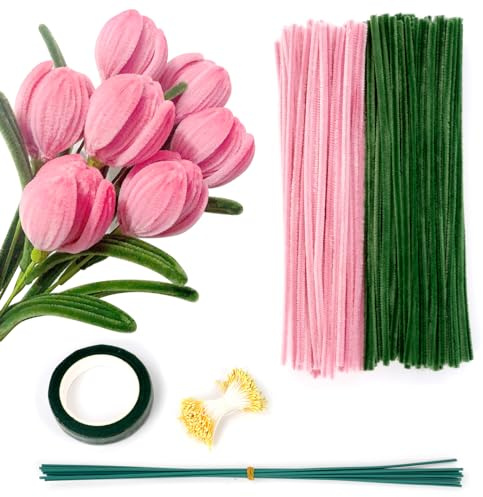 Ainiv 200 PCS Limpia Pipas Manualidades, 30cm x 7mm Tallos de Chenilla para Escultura con Alambres Manualidades Decoración DIY para Día Madre Halloween Navidad, Rosa + Verde