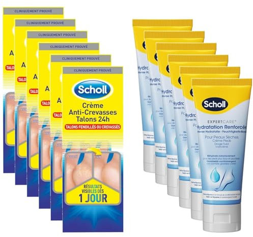 SCHOLL Pack contenant 1 Crème Anti-Crevasses Talons 60 ml + 1 Crème Pieds Hydratante Adoucissante 75 ml - Lot de 6 packs