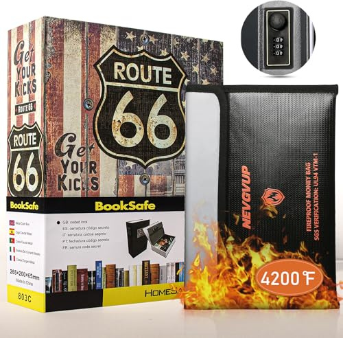 Diversion Book Safe with 4200°F Fireproof Money Bag and Combination Lock, 10.5 x 7.9 x 2.5 Fake Book Hidden Storage Safe, Hollow Secret Portable Metal Storage Box for Cash, Valuables