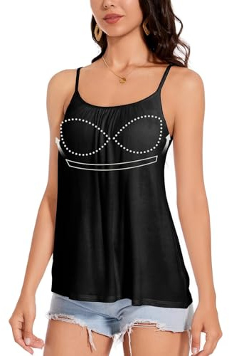 ANYFITTING Dam Camisole med inbyggd BH och U-ringning Lösa spetslinnen Justerbara Spaghetti-remmar Ärmlöst Basic Camisole Linne Svart L