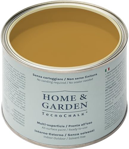 TecnoChalk® Home & Garden Nuova Chalk Paint Extra Forte - Non Richiede Finitura – Ricolora Senza Carteggiare Casa e Giardino - Vernice tutto-in-uno - Senza Solventi - Colore Giallo Ossido (500 ml)