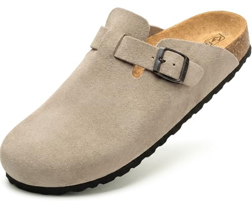 GONKOS®, Zuecos Piel con Plantilla de Corcho Piel Autentica Corcho Natural Zuecos Mujer Zuecos Hombre Sandalias Hombre/Mujer, Suela Antideslizante EVA, Calidad Hecho en España, Color Ante Piedra 43