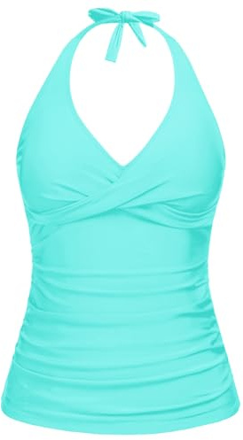 Tempt Me Women’s Aqua Tankini Top Halter Tummy Control Swim Tops Only Twist Front V Neck Bathing Suit No Bottom L