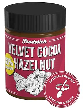 Foodwick Velvet Hazelnut Cocoa Spread – 320g Glass Jar – 80% Hazelnuts – Sugar Free – Sweetened with Dates – Vegan – Dairy Free – No Palm Oil – No Additives – Healthy Chocolate Spread