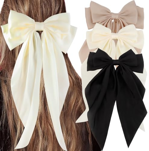 Muorruo 3-Piece Silky Satin Hair Clips Bows, Large Bow Hair Clips, Long Tail Hair Bows for Women Girls Teens for Daily Use, Weddings, Parties