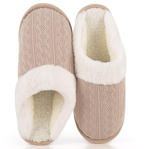 LOKIMSI Women's Cozy Knit Slippers with Faux Fur Lining Memory Foam - Non-Slip Rubber Sole Indoor/Outdoor Winter House Shoes for Warmth and Comfort