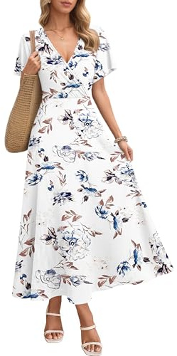 AUSELILY Robe Maxi Femme été 2026 - Robe d'Été Élégante à Manches Courtes Lâches avec Poches et Col V Robe Longue Vacances Plage Robe Femme Léger Confortable