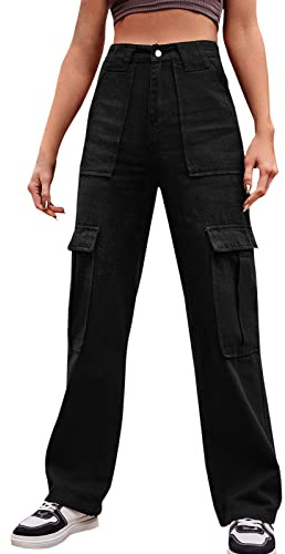 Pantalones Cargo Casuales de Talle para Mujer Vaqueros Pierna Ancha Multibolsillos Amplios Cintura Elástica Holgados