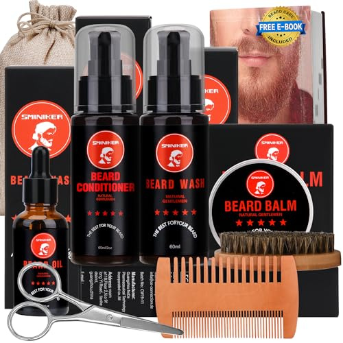 SMINIKER Beard Grooming Kit, Beard Oil, Beard Balm, Beard Shampoo, Beard Conditioner, Beard Brush, Beard Comb and Beard Mustache Scissors Beard Care Unique Gifts for Men Beard Growth & Trimming Kit