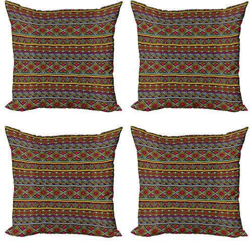 Ambesonne African Decorative Throw Pillow Case Pack of 4, Colorful Diamond Motifs with Angled Lines Lively Palette Geometric Borders, Cushion Cover for Couch Living Room Car, 18, Multicolor
