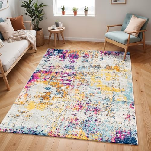 Livabliss Moroni Abstract Rug - Area Rugs Living Room 160x220 cm, Dining Room, Lounge, Kitchen, Bedroom - Modern Marble Large Rug, Soft Luxurious Easy Care Medium Pile, White, Saffron, Pink, Blue