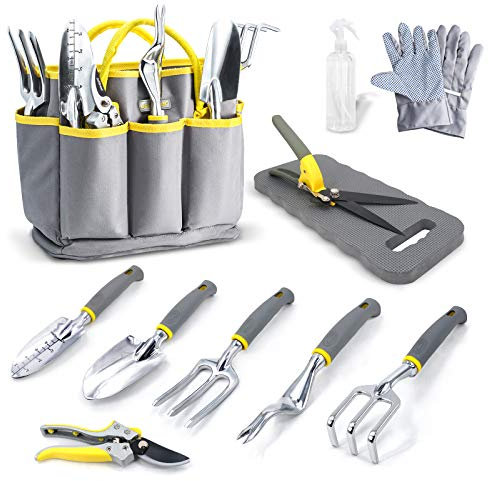 Jardineer 11Pcs Gardening Tools Set - Durable Hand Garden Tools, Knee Pad, Grass Shear, Tote Bag, Spray Bottle, Gardening Gifts for Mom Women Men