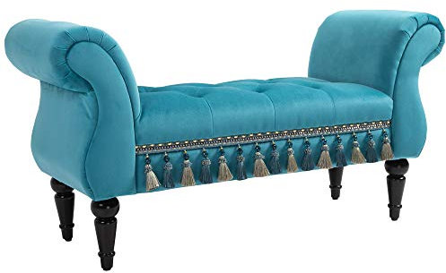 HOMCOM Sitzbank Polsterbank mit Samt-Bezug, Armlehne Bettbank mit Holzrahmen, Schuhbank für Schlafzimmer, Wohnzimmer, Flur 117 x 40 x 58 cm Blau