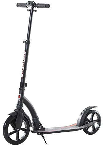 HOMCOM Patinete Plegable de Aluminio para Niños de +14 años Scooter Patinete Ligero Altura Ajustable 82-97 cm Pedal Inferior Pata de Cabra 2 Ruedas Grandes Ø230mm Frenado Aluminio Carga 100kg Negro