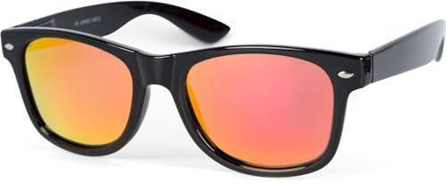 styleBREAKER Unisex Nerd Sonnenbrille mit Kunststoff Rahmen und Polarisierten Blendfreien Gläsern, Retro Style 09020132, Farbe:Gestell Schwarz/Glas Orange-Rot verspiegelt