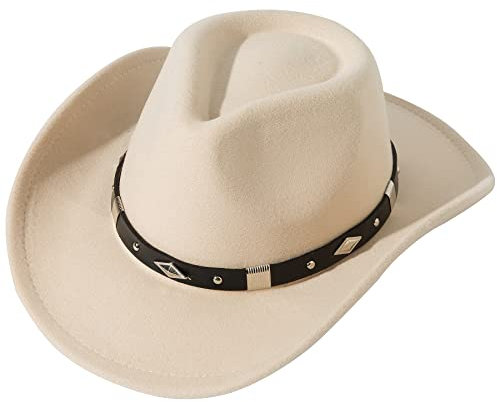 JOYEBUY Klassische Cowboy-Cowgirl-Hüte mit breiter Krempe, Western-Stil, mit Schnallengürtel, Beige, M/L