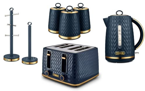TOWER Empire Midnight Blue 1.7L 3KW Jug Kettle, 4 Slice Toaster, Set of 3 Tea, Coffee & Sugar Canisters, 6 Cup Mug Tree & Towel Pole. Stylish Art Deco Design Kitchen Set of 7 Items in Blue