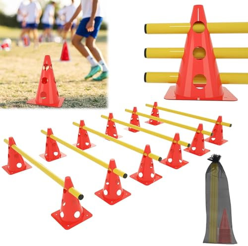 ACXIN 6er Sports Steckhürdenset 12 Kegel + 6 Stangen Agility Hürden Steckhürden Set, Koordinationstraining für Kinder Hunde Teamsport Fussball, Multifunktionskegel | Höhe: 32 cm | Stange: 100 cm