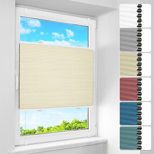 BelleMax Wabenplissee ohne Bohren Verdunkelung Thermo Plissee Klemmfix, Beige-weiß 90x120 cm (BxH), 100% Blickdicht Verdunklungsplissee, Schallschutz Sonnenschutz Doppelplissee für Fenster
