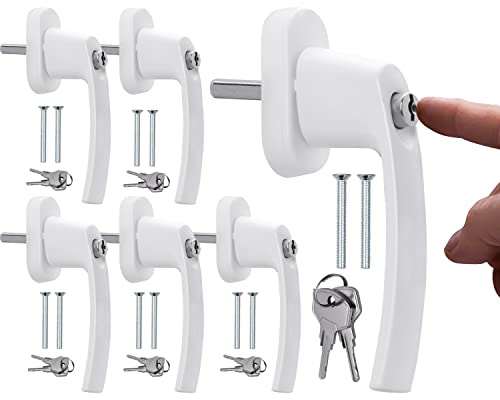 Stahlia Fönsterhandtag låsbara (6 stycken) aluminium vita tryckknappar, balkongdörrhandtag utomhus, fönstersäkring, terrassdörr, handtag, fönsterbeslag