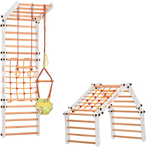 Kletterwand für Kinder 2 in 1- Schwedische Kletterwand aus Holz mit vier Teilen - einem Springer, einem Netz, Turnringen, einer schwedischen Leiter -Rinagym indoor Klettergerüst-kidwood 5P5P7S5P+WHITE