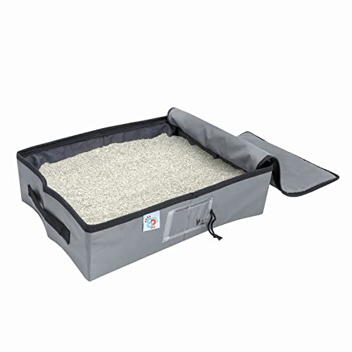 SportPet Designs Portable Travel Litter Box for Cats, Large Collapsible Litter Box with Zippered Lid, Water-Resistant & Leak-Resistant Cat Litter Tray for Travel, Gray