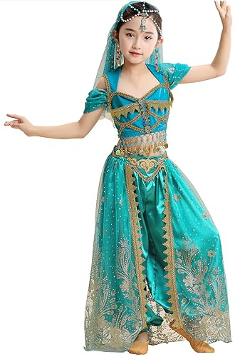 ORIDOOR Jasmine costume Belly dance Aladdin Halloween costume Princess Peacock Blue girl Tag-140 Peacock Blue