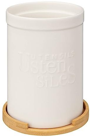 5five - barattolo per utensili in ceramica bianca naturéo con coperchio in bambù