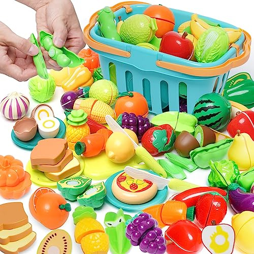 Frutas y Verduras Juguete 75 Piezas Comida de Juguete para Cocinita-Accesorios de Cocina Infantil Comida Juguete Juegos Educativos Alimentos Juguetes Juguetes Montessori Niños Niñas 2 3 4 5 Años
