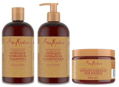 SheaMoisture Champú, Acondicionador y Mascarilla Capilar para cabello seco y dañado con Miel de Manuka y Aceite de Mafura pack para el cuidado del cabello 2x 384 ml, 1x 355 ml - 3 productos