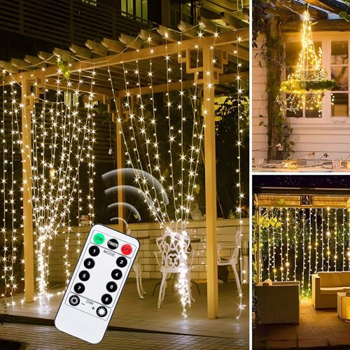 Lichterketten, 300 LED Lichtervorhang Innen 3x3m, 8 Modi Lichterkette Vorhang mit USB, Hängend Lichterketten für AußEn & Innen, Warmweiß Streifenvorhang für Hochzeit Party Wand Weihnachtsdeko