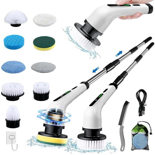 Brosse de Nettoyage électrique, Sangean Brosse Nettoyage Electrique Rotative, 9 têtes de Brosse, Longueur et Angle réglables, Brosse rotative sans Fil pour la Salle de Bain, la Cuisine, la Voiture