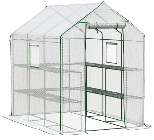 LARMNEE Serra da Giardino, Vivaio per Piante con 14 Ripiani, 212 x 145 x 198 cm, con finestrela, Anti UV, per Pomodori, Frutta, Fiori, Piante, per Balcone, Terrazza, Cortile, Bianco EWT13GH02G1
