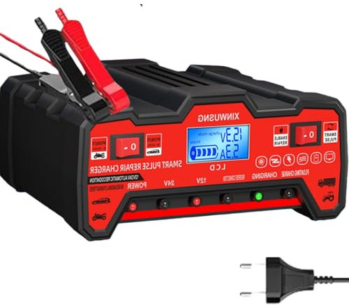 Cargador Baterías Coche- 12V/24V 900W Alta Potencia – para Coche,Moto,Tractor y camion – Compatible con Baterías de Plomo-Ácido, Reparación Inteligente por Pulso, LCD Digital -Cargador bateria Moto-