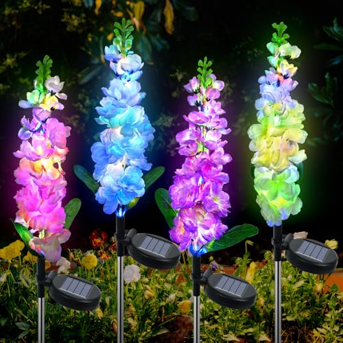Fohil Lampe Solaire Exterieur Jardin, 4 Pièces Lampes Solaires Exterieures, 2 Modes Imperméable Fleurs Lumiere avec 80 LEDs, Decoration Jardin Exterieur pour Jardin, Chemins, Terrasse, Patio, Allée