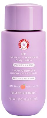 First Aid Beauty - KP Smoothing + Brightening Body Lotion with 10% AHA, Lactic Acid, Urea + Colloidal Oatmeal, Exfoliate + Moisturize, Banish Keratosis Pilaris Bumps, NEW Peach Scent (190 g)