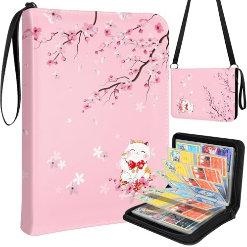 Lotadilo for Card Binder with 440 Pockets 4 Pocket - Trading Card Collection Album Folder for Kids Girls Girly Boys Teens for Sports Cards Game Cards with Zipper Hand Carrying, Sakura Cat