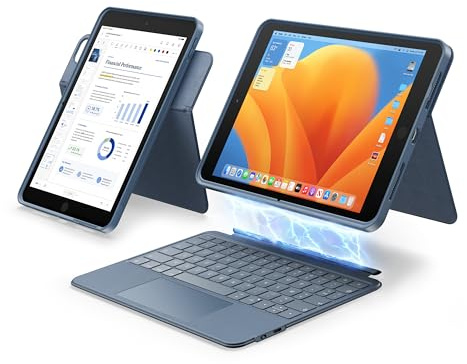 HOU Détachable Étui Clavier pour iPad 9e/8e/7e génération 10,2 Pouces & Air 3 & Pro 10.5,Trackpad Multi-Touch, Rétroéclairage 7 Couleurs, Rotatif & Amovible,Modes Portrait/Paysage,Bleu Marine