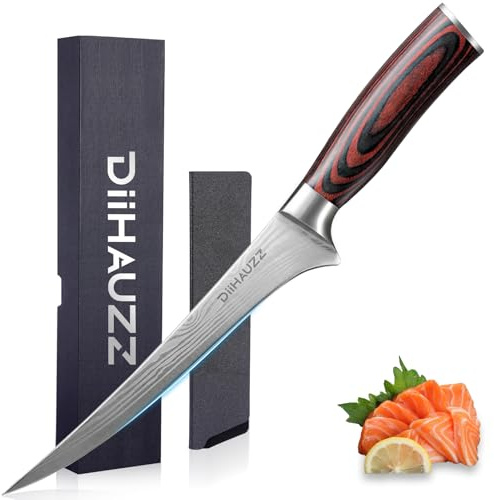 DiiHAUZZ 7 Inch Fillet Knife for Fish, Razor Sharp Boning Knife High Carbon Stainless Steel for Poultry Deboning and Meat Cutting, Japanese Filleting Knives with Ergonomic Pakkawood Handle, Sheath