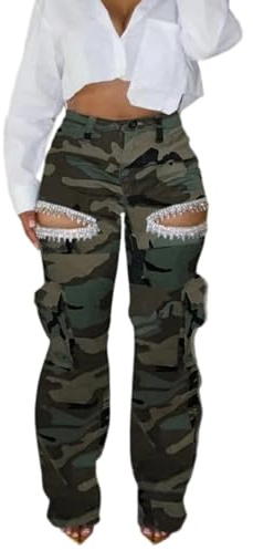 Unybwonn Womens Camo Cargo High Waist Pants Camouflage Military Elastic Trousers with Pockets