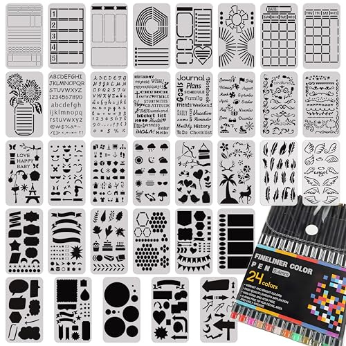 Journal Stencils 35 Pcs Set, Journal Planner Colored Pens 24 Pcs Set, Reusable Plastic Templates for Planners, Calendars, Notebooks, Daily Weekly Monthly Layouts, Letters, Numbers, Decorative Designs